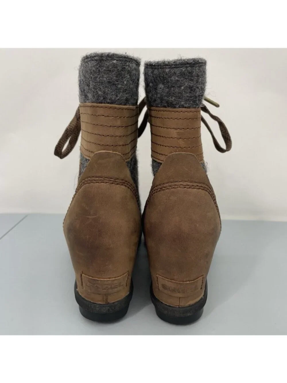 Sorel Lexie Ankle Wedge Boots Waterproof Distressed Felt Leather Brown Women 8.5